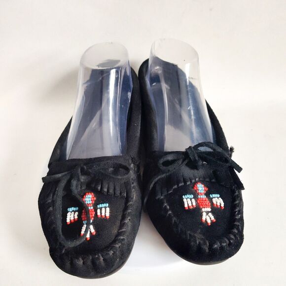 Minnetonka Kilty Black Suede Beaded Thunderbird Boho Moccasins Flats Size 9 - Picture 5 of 11